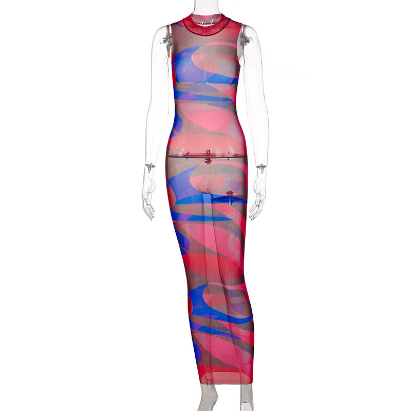 Women Clothing 2021 New Spring Fashion Printed Sexy Sleeveless See-through Dress Women