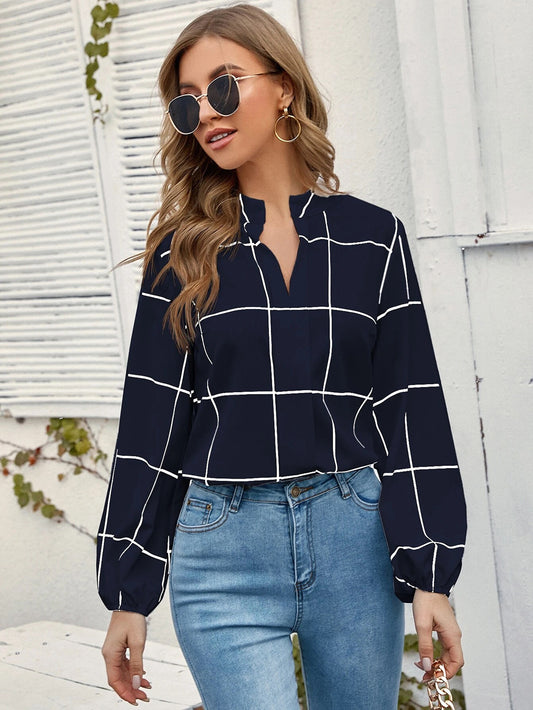 Autumn Elegant  Style Shirt Stand Collar Long Sleeve Plaid Printed Chiffon Women Shirt