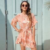 2021  Summer New Product Women Clothes round Neck Fashion Lady Floral Flounce Jumpsuit Skirt