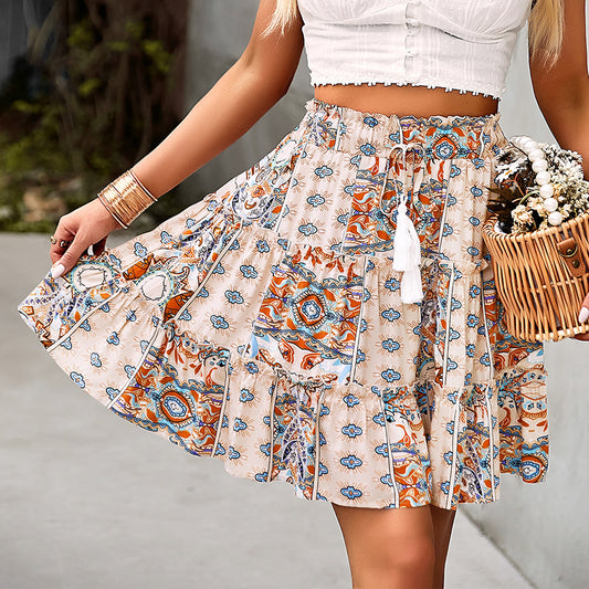 Bohemian Holiday Skirt 2022 Summer New Pattern Print Umbrella Skirt Temperament Wild Women Tiered Dress Patchwork Matching