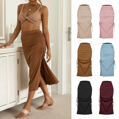 Slit Knitted Slim Skirt Fashion Pleated Tie Sexy Sheath Dress  Women Clothing