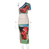 Women   Clothing Spring Shoulder Single Sleeve Retro Printing T shirt Skirt Two Piece Set