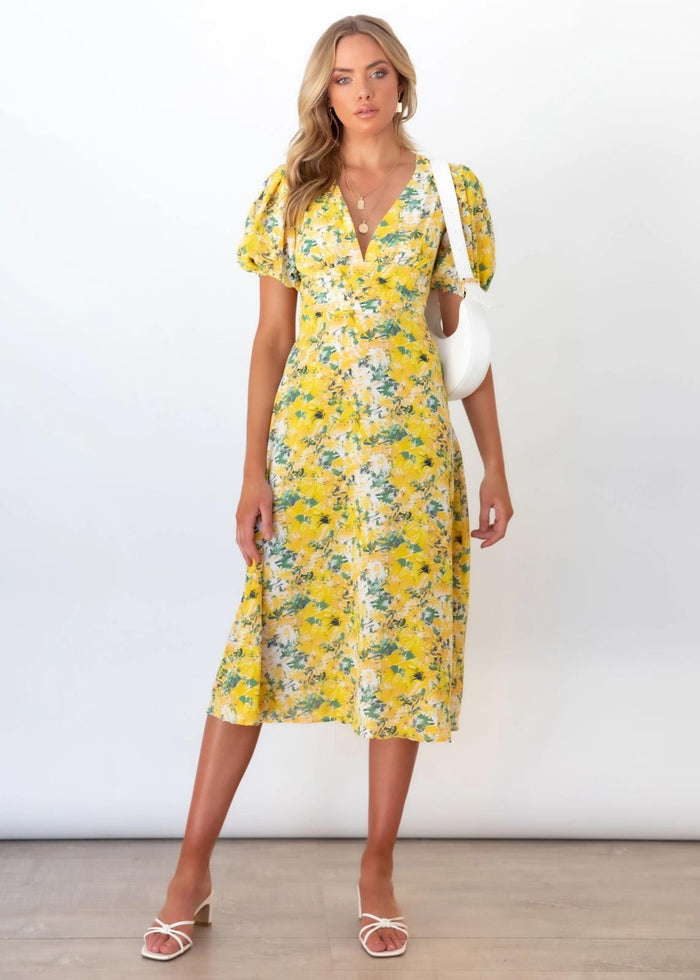 Spring and Summer New V-neck Short Sleeve Print Holiday Jumpsuit Midi Dress for Women