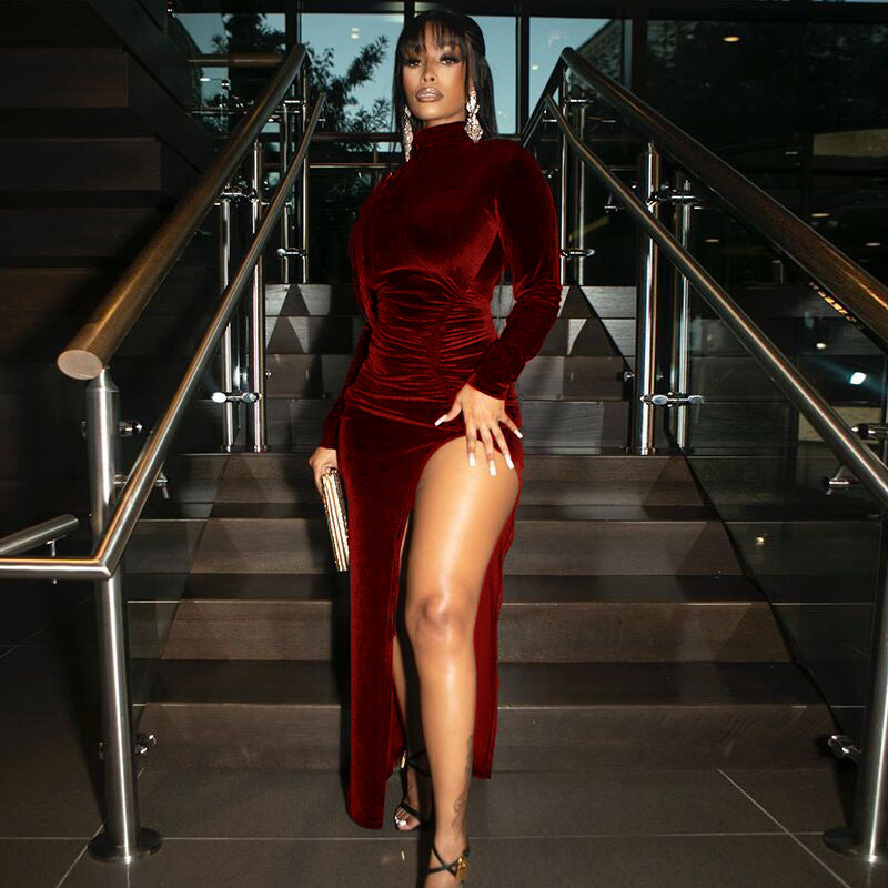 Fashion Sexy Dinner Suit 2021 Autumn and Winter New High Neck Long Sleeve Slim Fit Pleated High Slit Dress