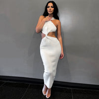 Women Clothing Spring Solid Color Sexy Sleeveless round Neck Twisted Slim Fit Maxi Dress