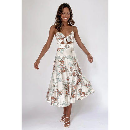 Spring Summer New Small Maxi Floral Print Fresh Sweet Spaghetti-Strap Dress