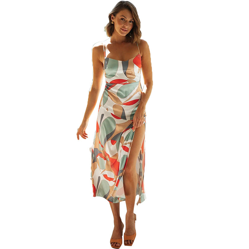Spring Summer New Elegant Sexy Strap Multi Color Printed Side Slit Maxi Dress for Women