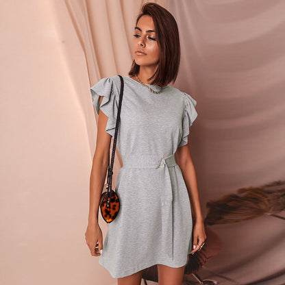 2022 Summer New round Neck Ruffle Sleeve Slim Belt Dress for Women Ruffle Sleeveless