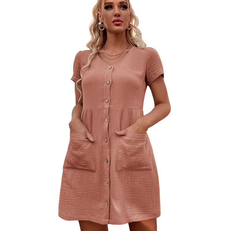 Women Single-Breasted Pocket Smock Dress Loose Shirt Dress V-neck Short Sleeve Pleated Cotton and Linen Dress