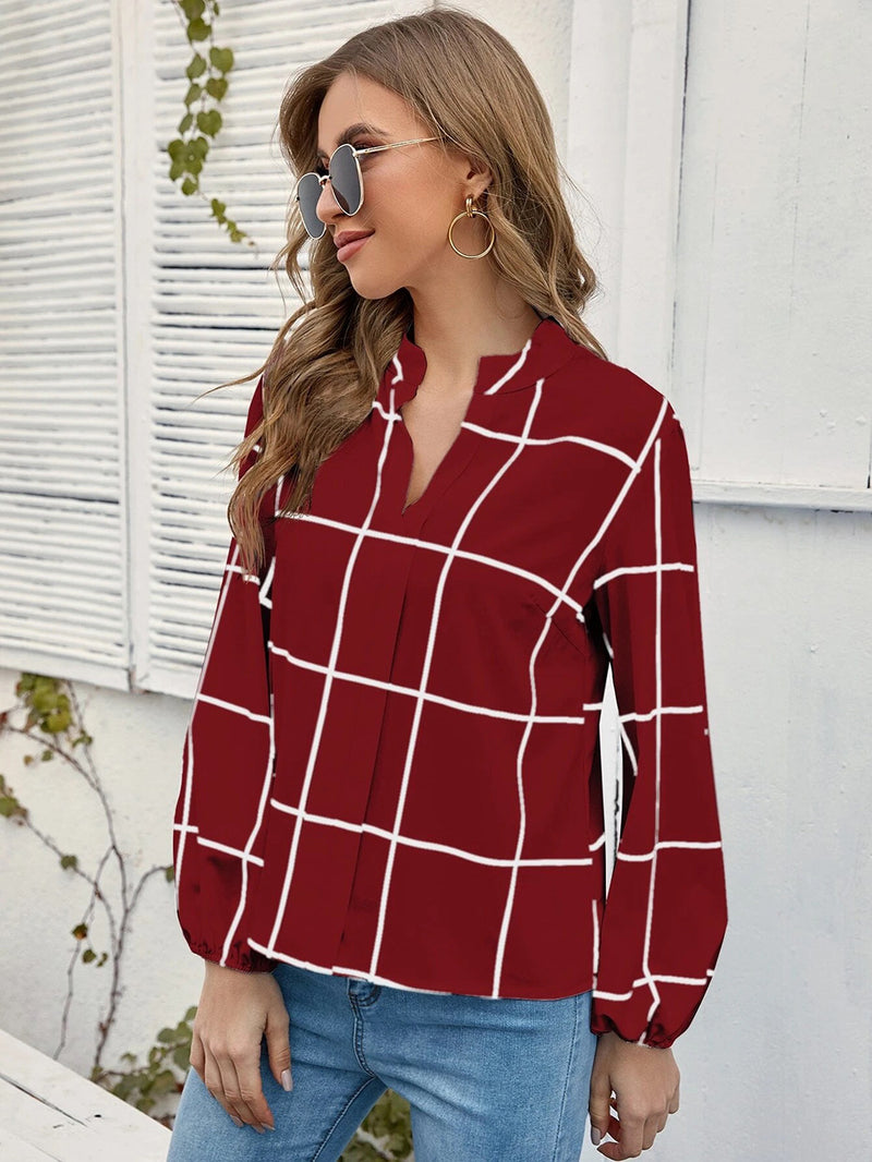 Autumn Elegant  Style Shirt Stand Collar Long Sleeve Plaid Printed Chiffon Women Shirt