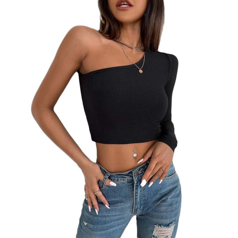 Women New Fall Winter Inner Wear Black Rib Bottoming Shirt Women Oblique Shoulder Elegant Top   Spot