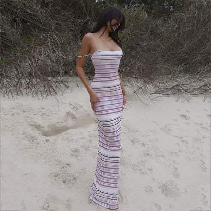 Contrast Color Striped Sexy Bandeau Sling Maxi Dress Women  Summer High Grade Tight Waist Sheath Fishtail Dress