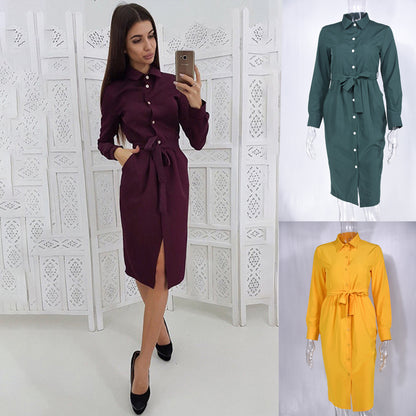 Spring Autumn New  Women Clothing Long Sleeve Solid Color Polo Collar Single-Breasted Lace up Belt Knee-Length Dress