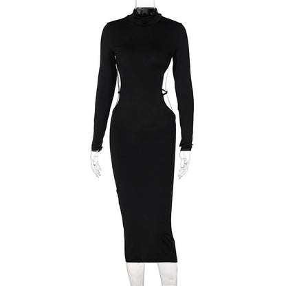 Style Women Clothing 2021 New Autumn Fashion Sexy Backless round Neck Long Sleeve Slim Mid-Length Dress