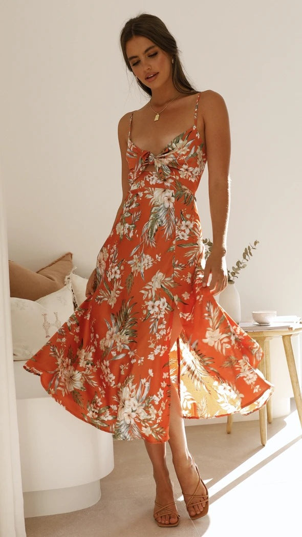 Spring Summer New Small Maxi Floral Print Fresh Sweet Spaghetti-Strap Dress