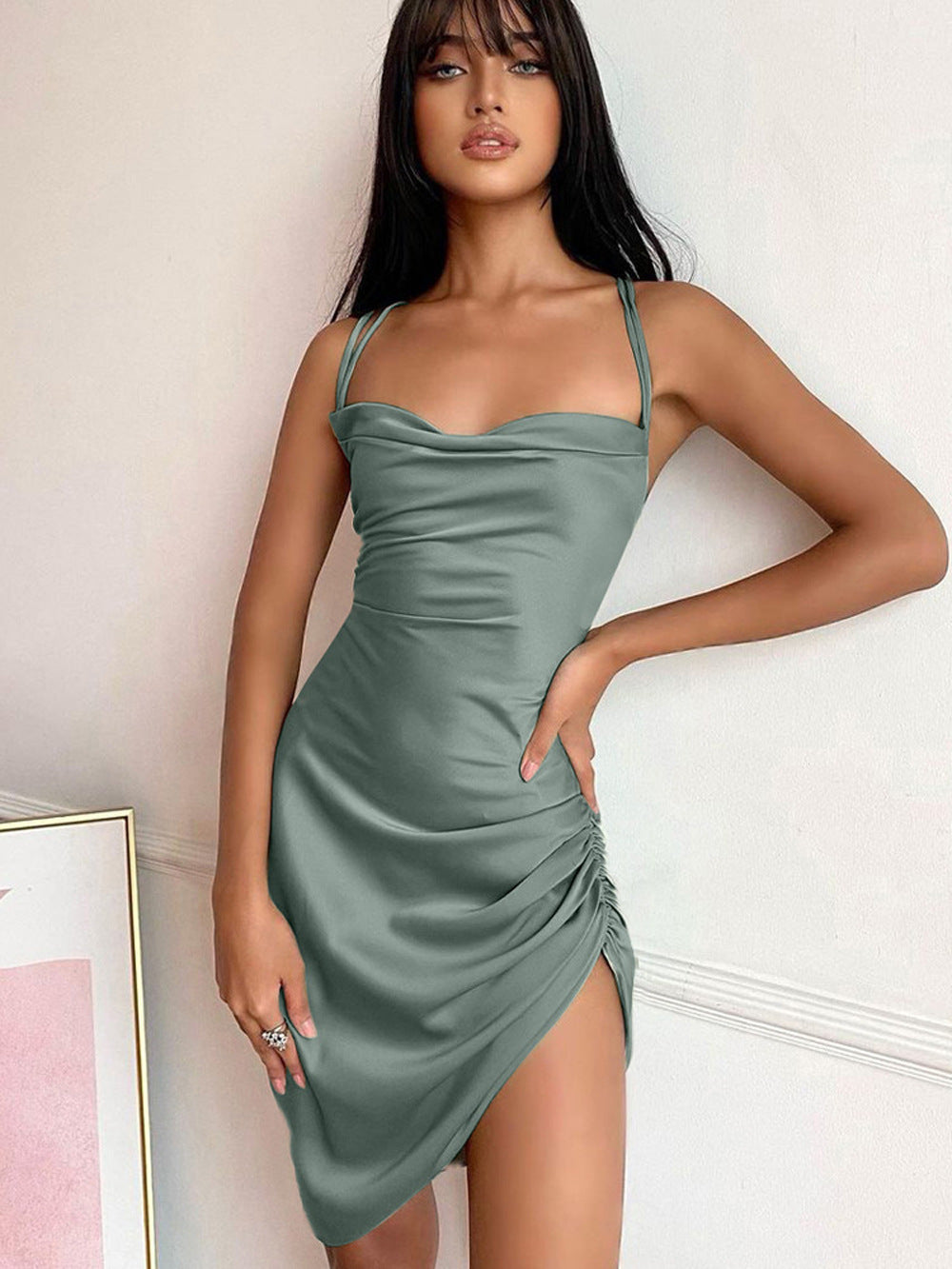 Sexy Strap Dress Tube Top Split Pleating Back Hollow out Tied Satin Dress for Women