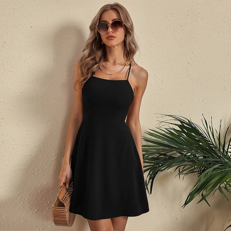Spring and Summer  Fashion Trend Sexy Strap Backless Lace up All-Matching Dress