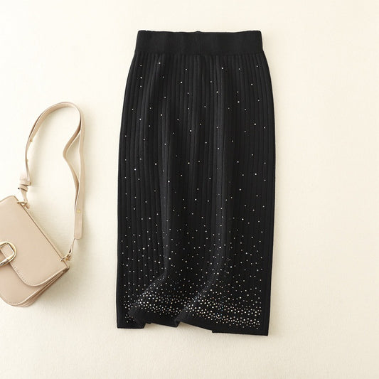 Rhinestone Knitted Skirt Office Lady Sheath Skirt Women  Autumn Winter  New Split Dress Wool Skirt