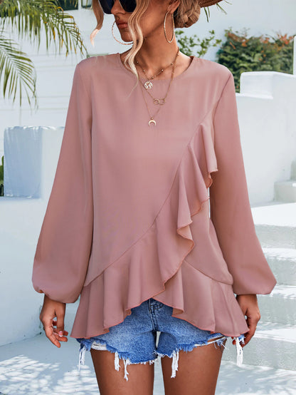 Spring Summer Solid Color Ruffles Lantern Sleeve Irregular Asymmetric Top