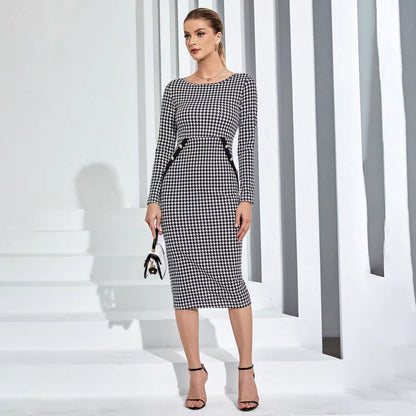 Spring Summer Houndstooth Dress Fastener Decoration Mid Length Dress