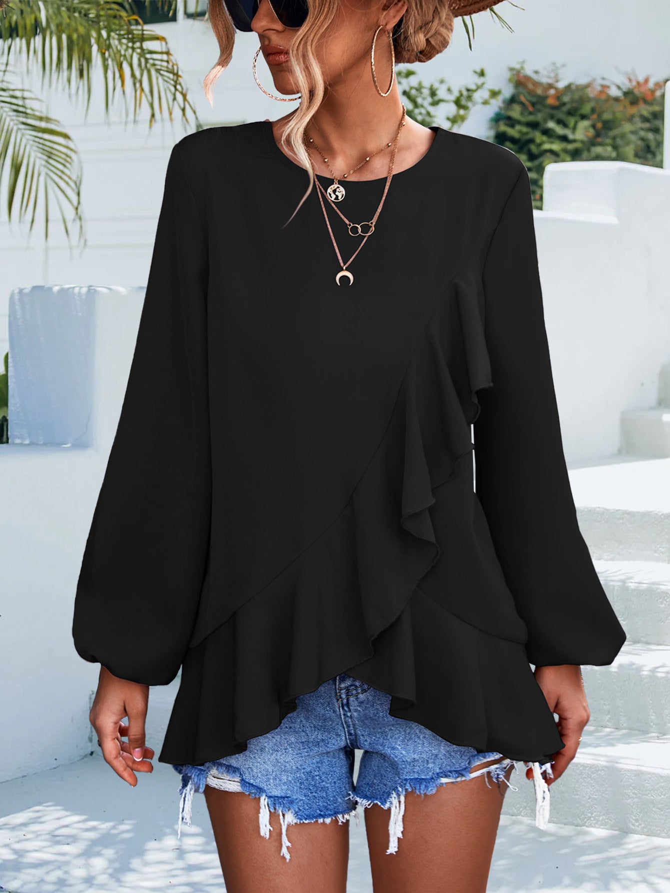 Spring Summer Solid Color Ruffles Lantern Sleeve Irregular Asymmetric Top