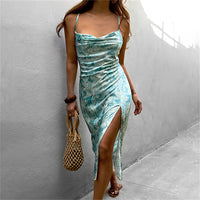 Sexy Printing Slip Dress 2021 Spring and Summer New Slim Fit Slit Backless Temperament Dress