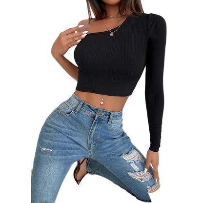 Women New Fall Winter Inner Wear Black Rib Bottoming Shirt Women Oblique Shoulder Elegant Top   Spot