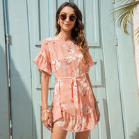2021  Summer New Product Women Clothes round Neck Fashion Lady Floral Flounce Jumpsuit Skirt