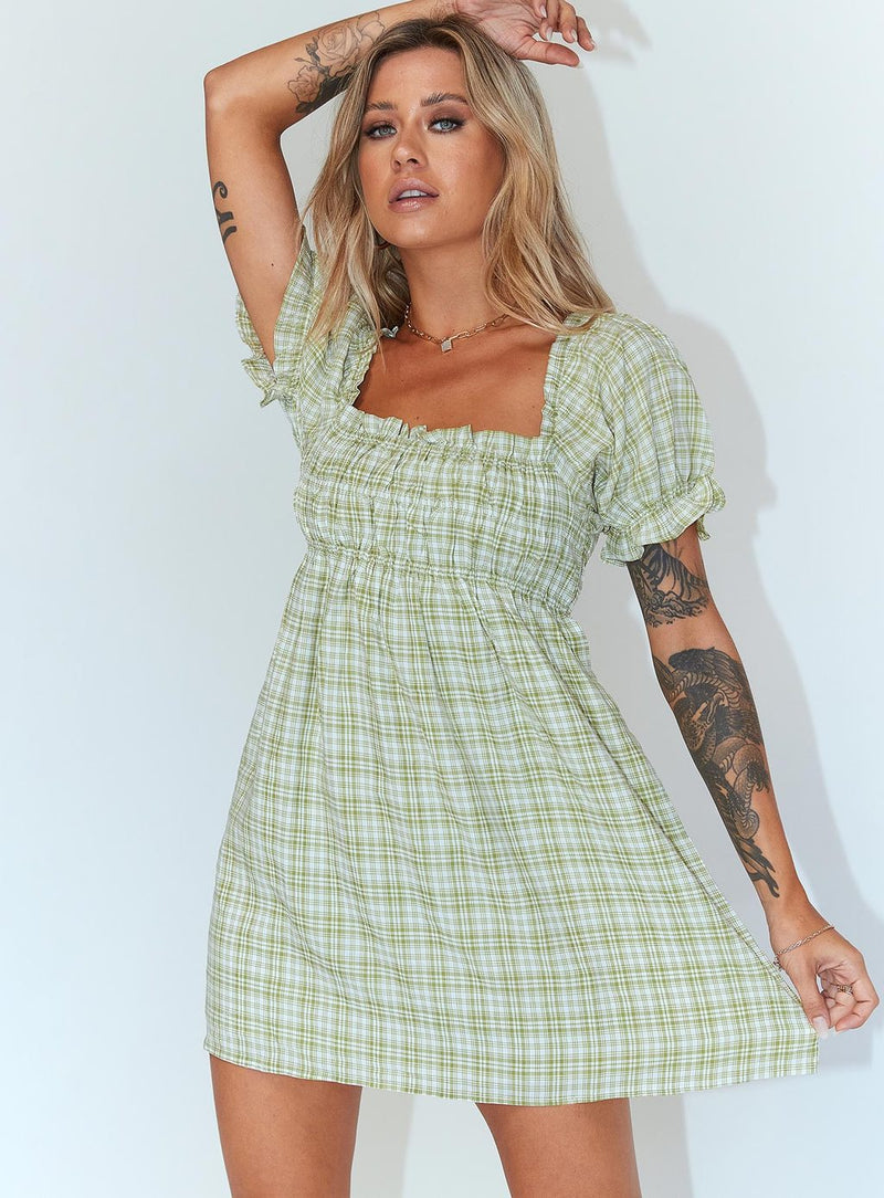 Spring Summer New Sexy Square Collar Elastic Plaid Short Sleeve Dress for Women