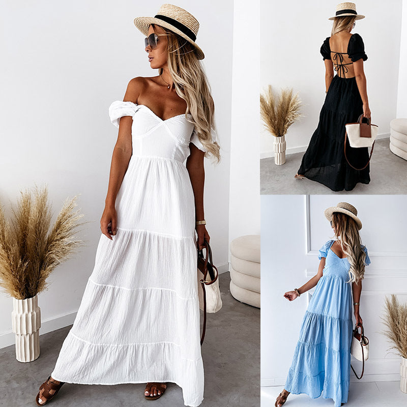 2021 Summer Sun Protection Short Sleeve Strapless Solid Color Backless Lace up Temperament Commute High Waist Dress