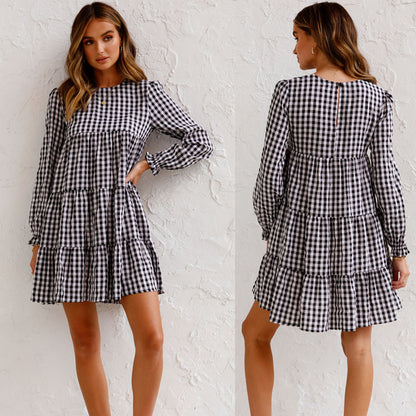 New Long Sleeve Plaid Pleated Swing Cake Dress Women Clothing