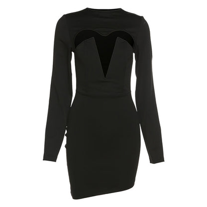 Winter New Women Clothing Fashion round Neck Long Sleeve Sexy Cutout Slim Sheath Dress