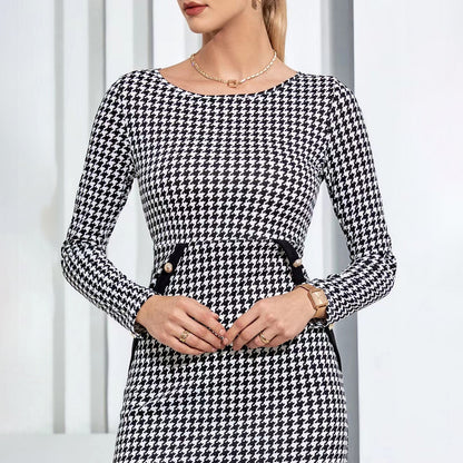 Spring Summer Houndstooth Dress Fastener Decoration Mid Length Dress