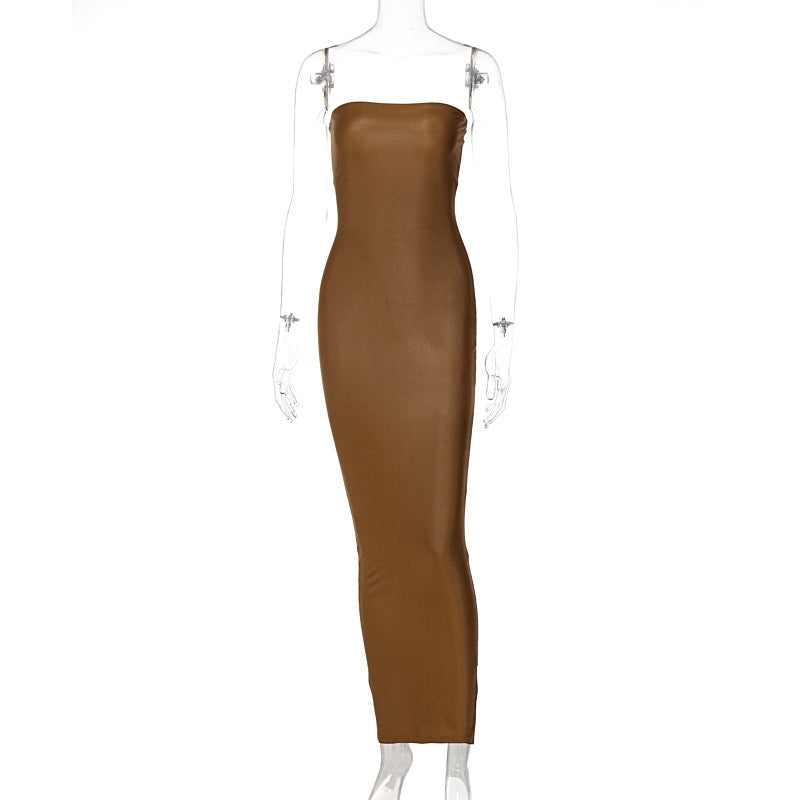 Women Clothing 2021 New Winter Sexy Bandeau Slim-Fit Slimming Slit Dress Female