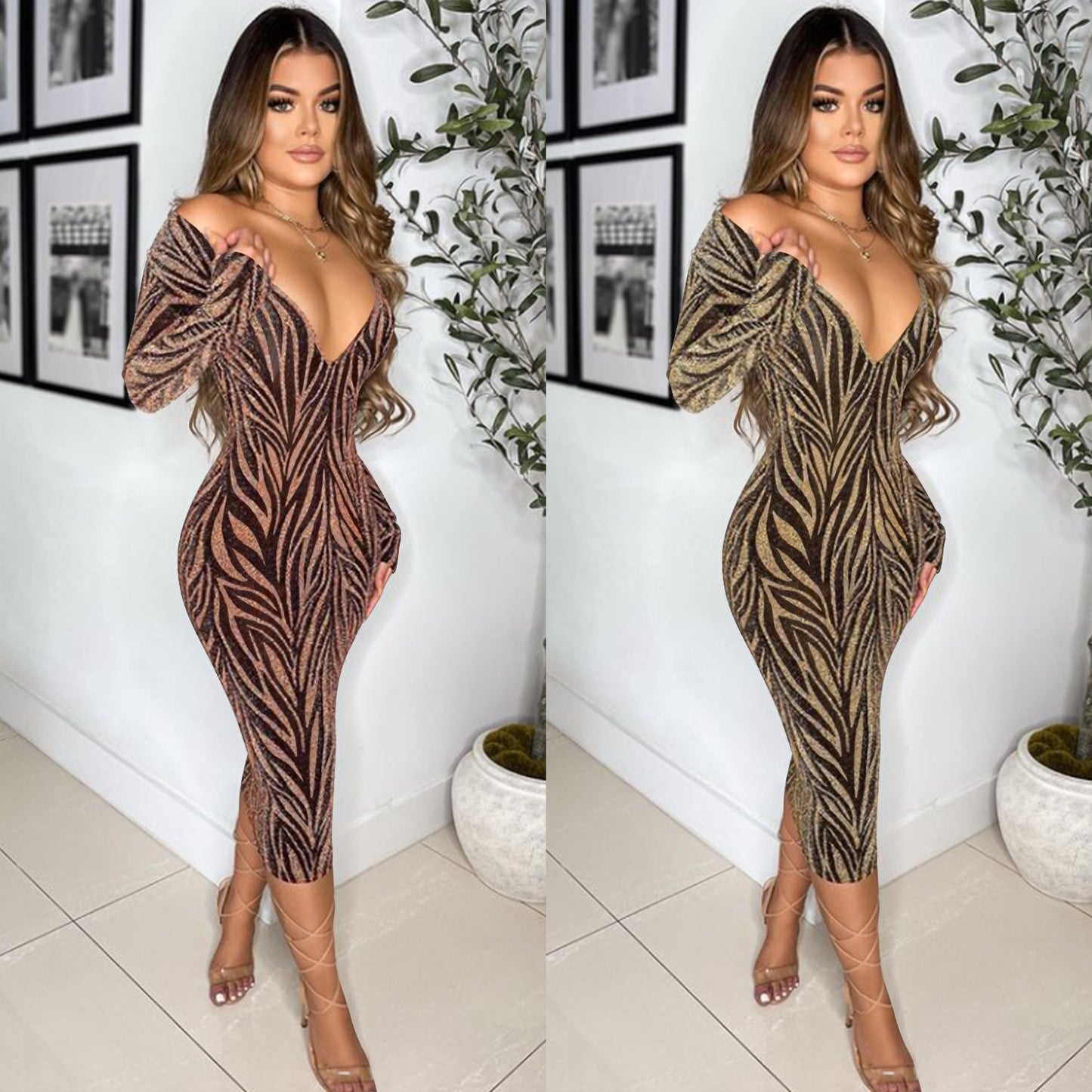 Fashion Sexy Women Clothing Deep V Long Sleeve Medium Long  Dress