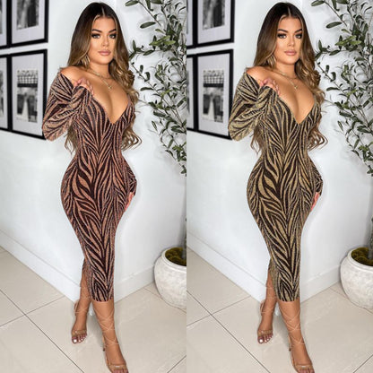 Fashion Sexy Women Clothing Deep V Long Sleeve Medium Long  Dress