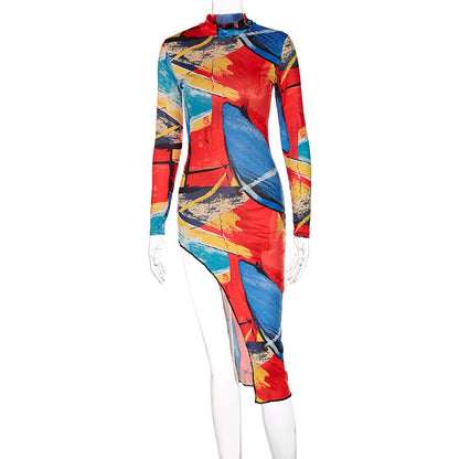 Women 2021 New Fashion Print round Neck Long Sleeve Slim Dress