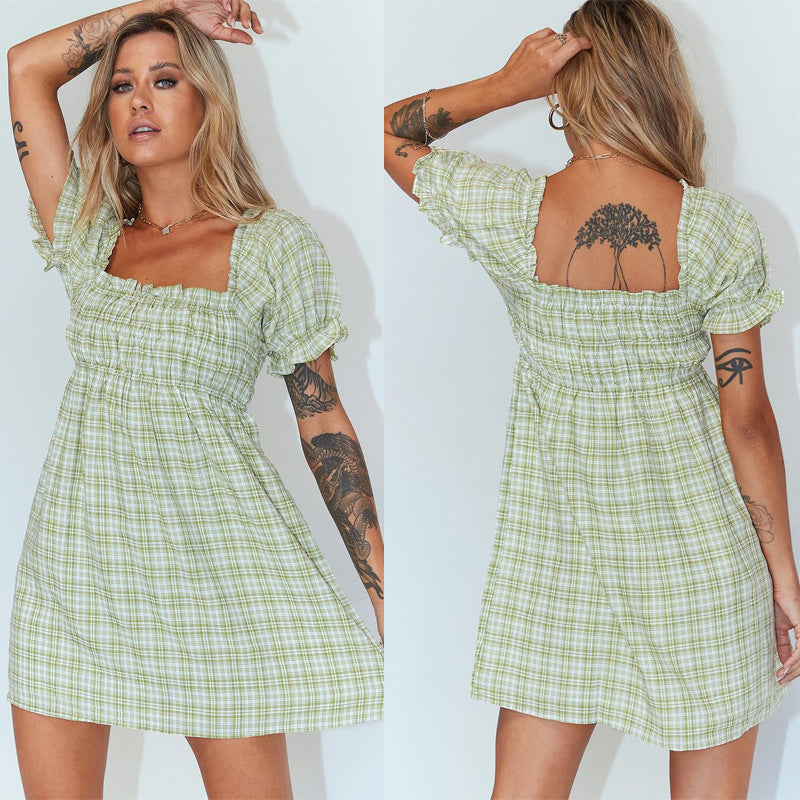 Spring Summer New Sexy Square Collar Elastic Plaid Short Sleeve Dress for Women