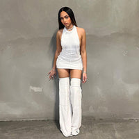 Solid Color Halter Reverse Car Sheath Sexy Backless Dress over the Knee Leg Warmer Women Clothing Personalized Set