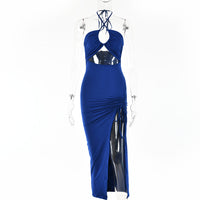 Elegant Sexy Push-up Split Dress for Women 2022 Spring New Hollow Backless Halter Dress