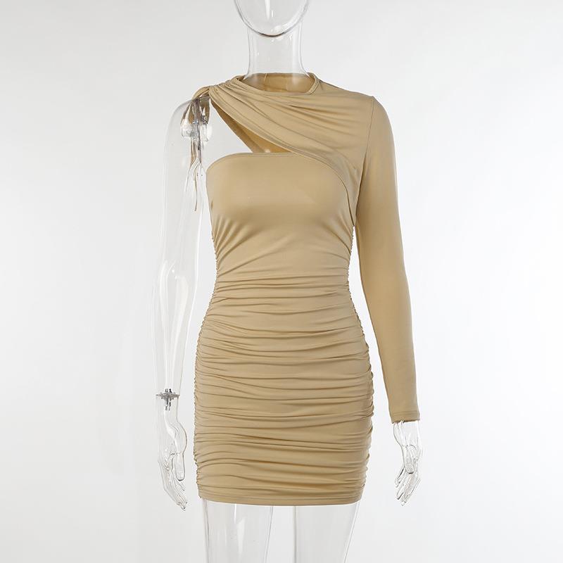 Drawstring Bag Hip Dress Chic Spring New Oblique Shoulder Long Sleeve Short Dress