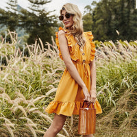 Summer New Yellow V-neck Flounce Bubble Lace-up Dress for Women