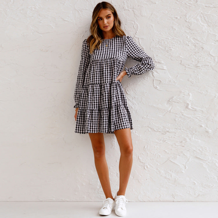 New Long Sleeve Plaid Pleated Swing Cake Dress Women Clothing