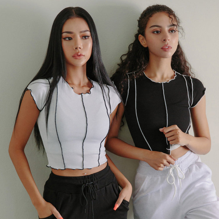 New Crop-Top Short Sleeve T-shirt Ruffled Sports Top Thin Yoga Workout Clothes for Women Summer