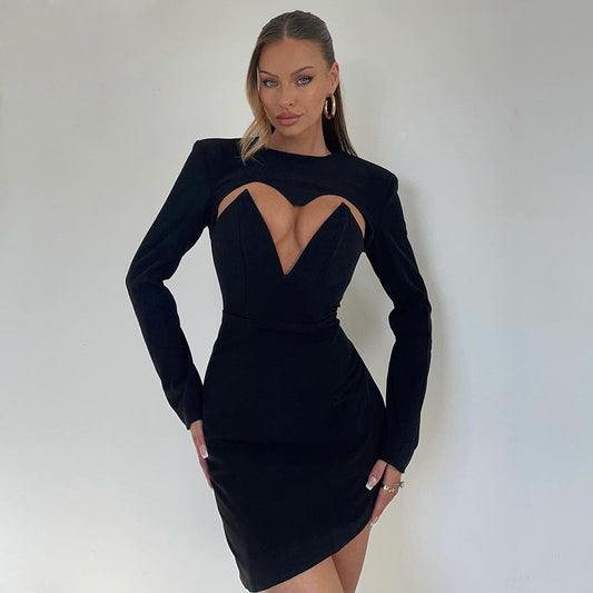 Winter New Women Clothing Fashion round Neck Long Sleeve Sexy Cutout Slim Sheath Dress