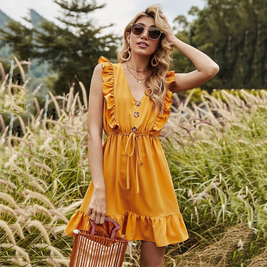 Summer New Yellow V-neck Flounce Bubble Lace-up Dress for Women