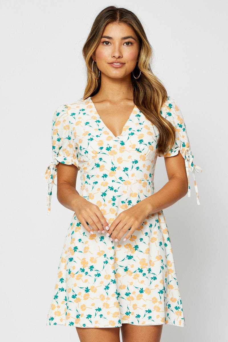 Spring and Summer New Casual Printed Tied V-neck Short Sleeve Dress Women Clothing