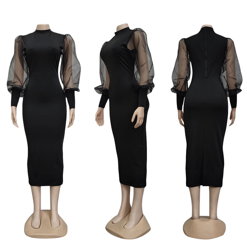 Women Clothing Mesh See-through Lantern Sleeve Dress Sheath 3 Colors