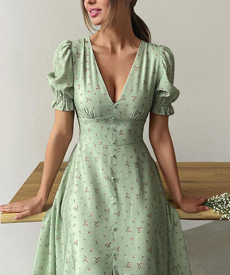 Women  Clothing Elegant Printed V neck Lantern Sleeve Dress