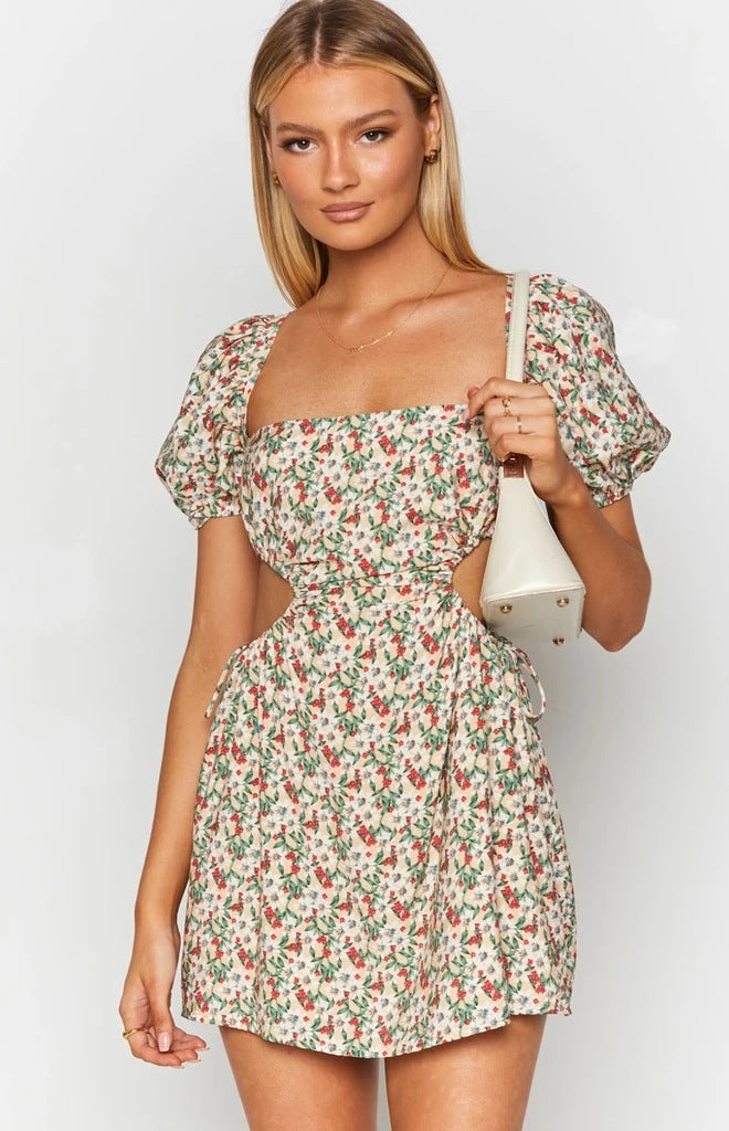 2021 Spring and Summer New Small Floral Print Fresh Sweet Backless Short Dress